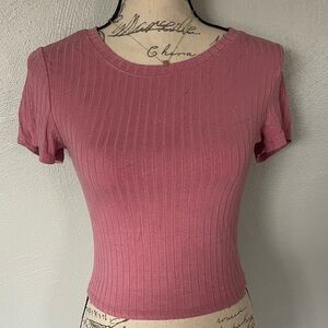 Bozzolo Pink Ribbed Short Sleeve Fitted Top Women’s Medium Stretch Basic Tee